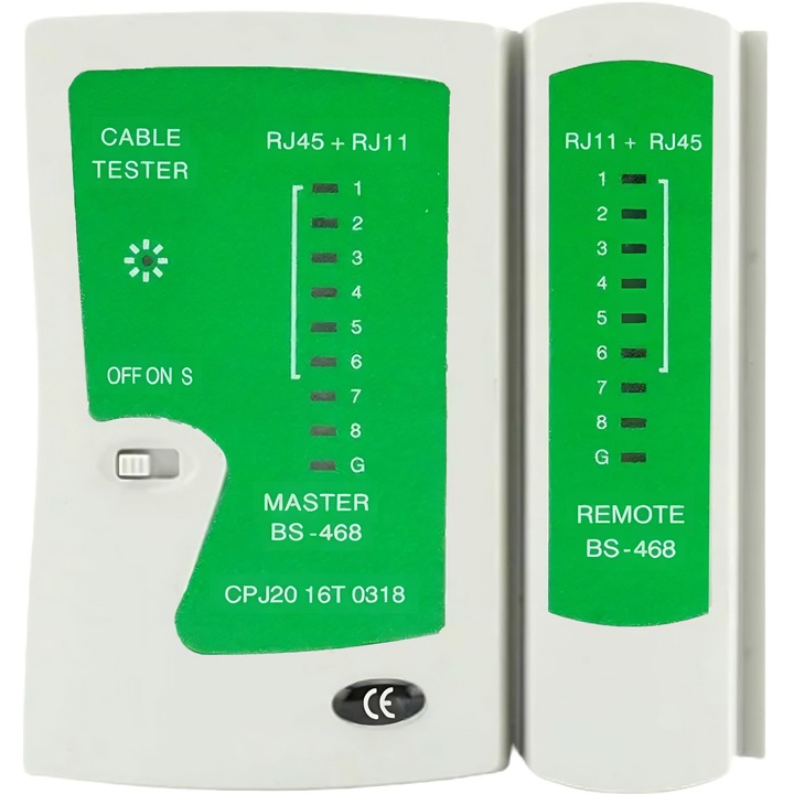 Retoo internet kábeltesztelő RJ45, RJ11, 9V akkumulátorokon, zöld-fehér