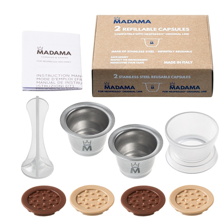 Set 2 capsule reincarcabile pentru Nespresso, Madama, Inox/Silicon