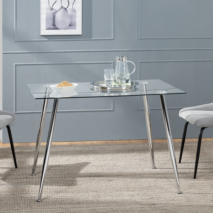 Masa, en.casa, PXXM-0105 Hyrynsalmi, 75 x 110 x 70 cm, sticla, otel, transparent, crom