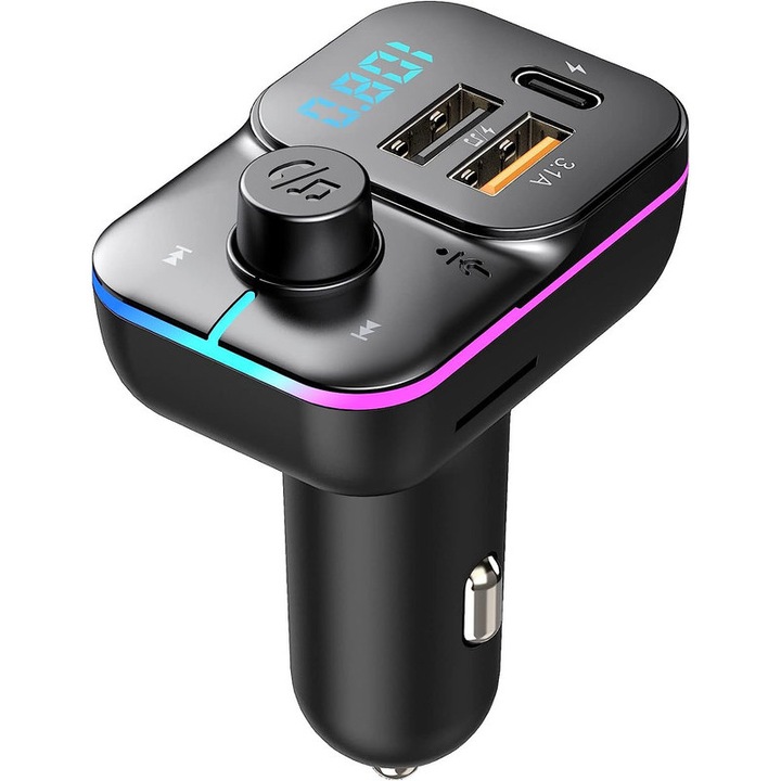 Modulator FM auto, Mokeum, Bluetooth 5.0, Iluminare LED, Incarcare USB/USB-C, Multicolor