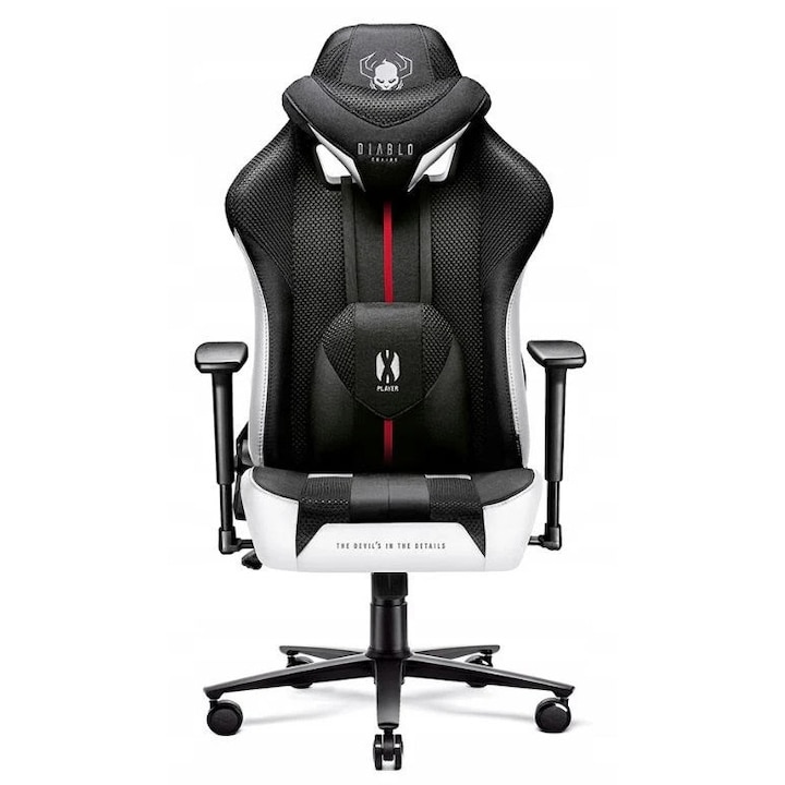 Scaun gaming Diablo X-Player 2.0, Material Textil, Suport Lombar Ergonomic Ajustabil, Normal Size, Negru/alb