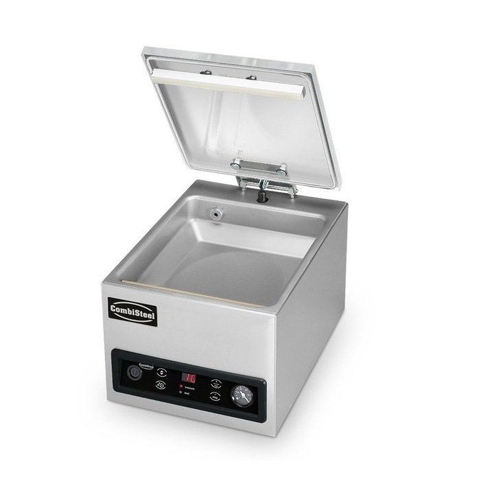 Aparat de vidat cu camera profesional CombiSteel, putere mare de aspiratie 4 m3/ min, pentru alimente uscate/ lichide, bara sigilare dubla 28 cm, operare manuala si automata, program autocuratare pompa, carcasa robusta, inox