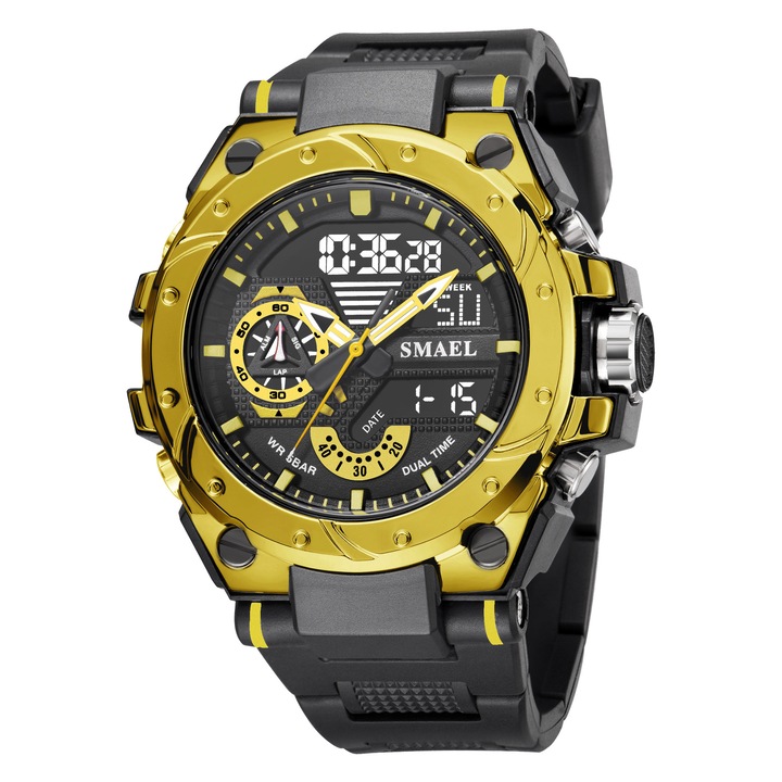 Спортен мъжки часовник Smael Sport Shock, Двойно време, Хронограф, LED Подсветка, Черен / Златист