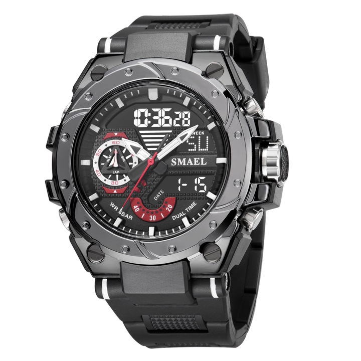 Спортен мъжки часовник Smael Sport Shock, Двойно време, Хронограф, LED Подсветка, Черен / Черен