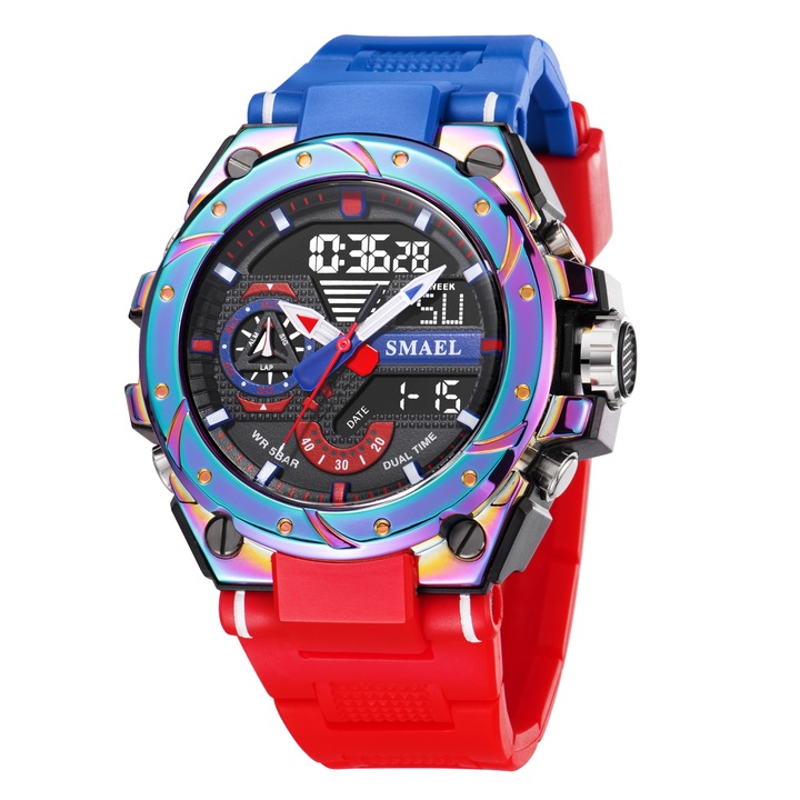 Спортен мъжки часовник Smael Sport Shock, Двойно време, Хронограф, LED Подсветка, Син / Червен