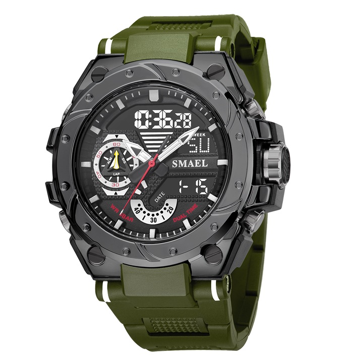 Спортен мъжки часовник Smael Sport Shock, Двойно време, Хронограф, LED Подсветка, Зелен / Черен