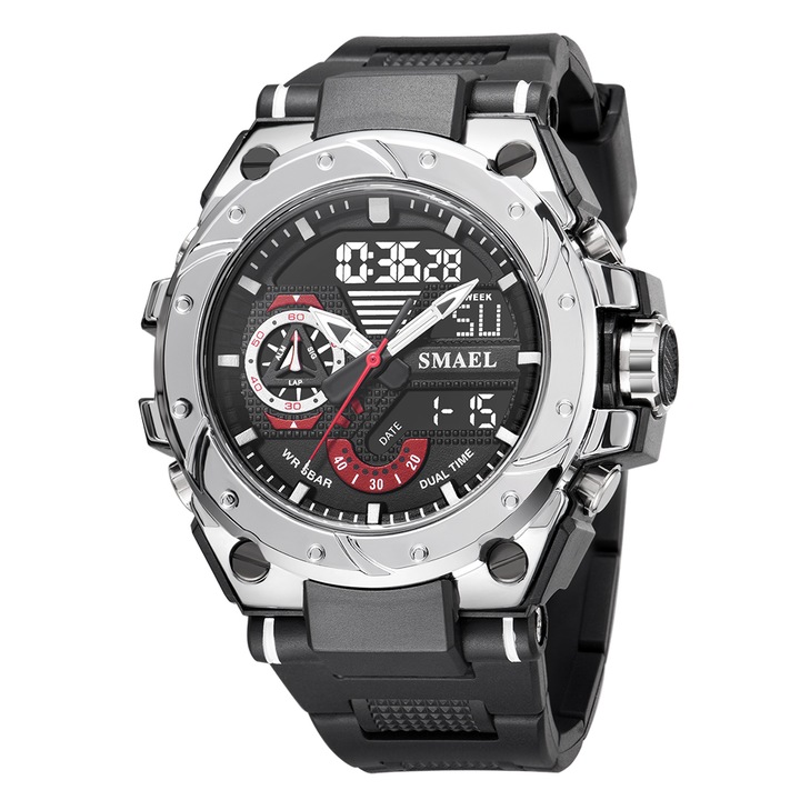 Спортен мъжки часовник Smael Sport Shock, Двойно време, Хронограф, LED Подсветка, Черен / Сребрист