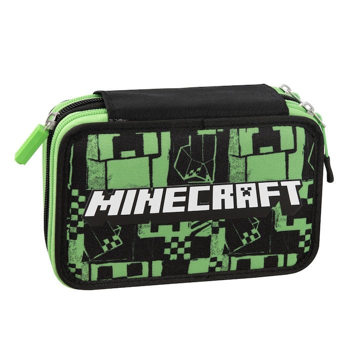 Ученически несесер Minecraft Pixels Green, Със съдържание, 20 x 13 x 7 cm, Многоцветен