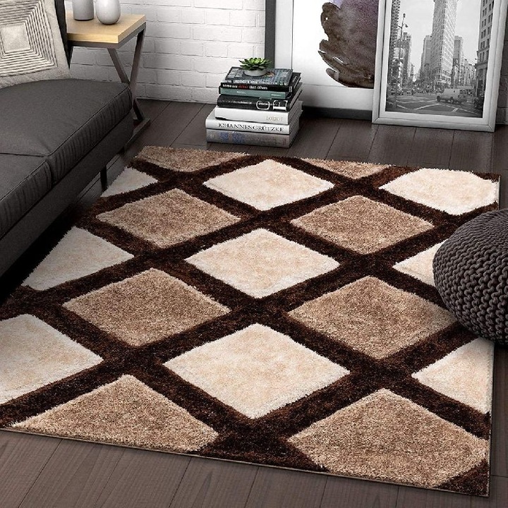 Csúszásmentes szőnyeg, Rombusz minta, Polipropilén / Kasmírutánzat, Bézs-barna, 80x150cm