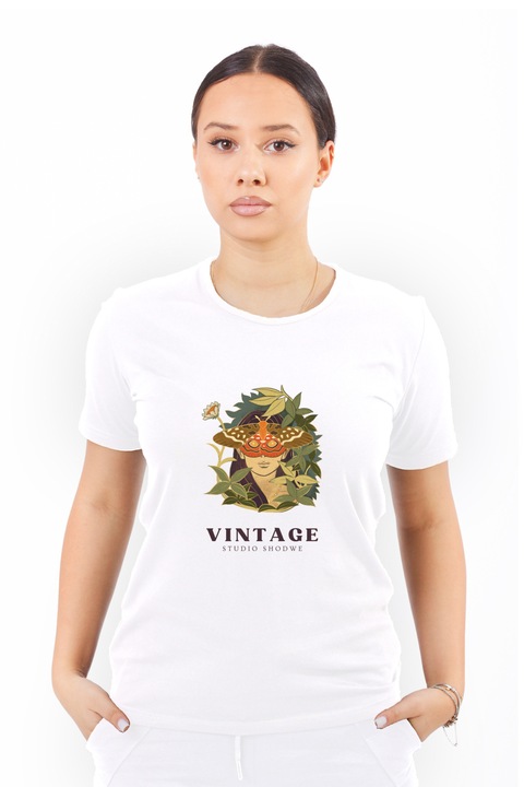 Tricou pentru femei personalizat cu imagine mama natura vintage, Bumbac, Alb, L