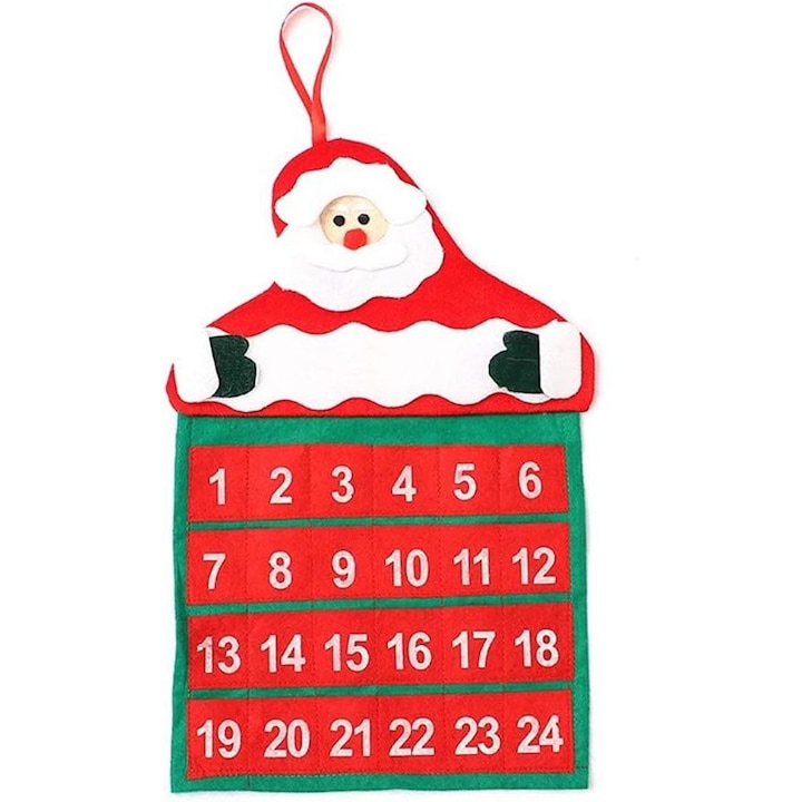 Calendar de Craciun Flippy, Mos Craciun, tip decoratiune, material poliester, cu buzunarele, pentru brad sau prete, 20 x 30 cm, multicolor