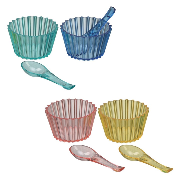 Set 4 boluri multicolore de plastic cu lingurite, 190 ml