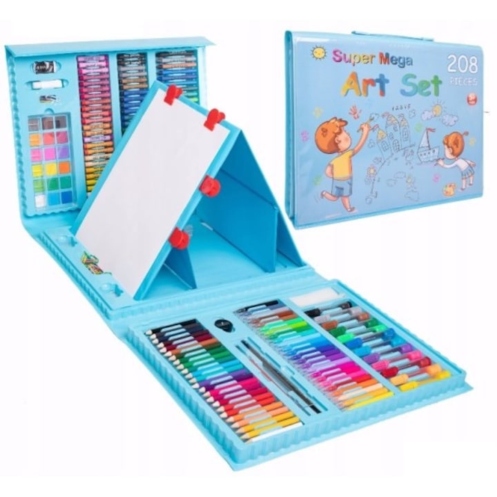 Set de pictura si desen pentru copii WePro Store, 208 piese, carioci, creioane colorate, pasteluri de ulei si acuarele