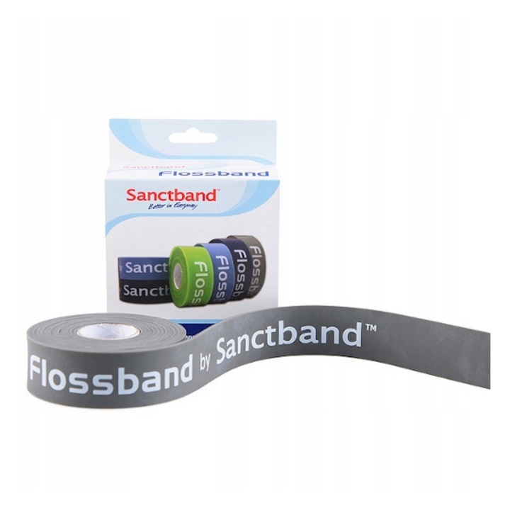 Banda Elastica de Compresie Latex Sanctband, 2,5 cm x 2 m, Rezistenta Foarte Puternica, Culoare Gri, pentru Antrenament Intensiv de Forta, Recuperare, Reabilitare si Dezvoltarea Muschilor Eficient