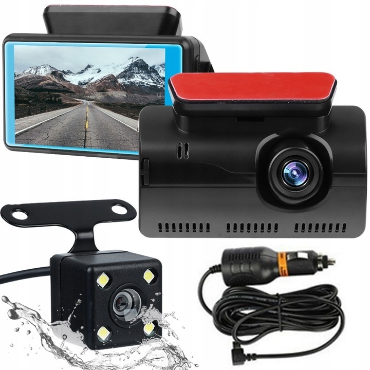 Camera Auto Dubla Full HD + Marsarier, Welora®, Ecran LCD 3 Inch, Unghi 140°, Detector de Miscare, Senzor de Soc, Monitorizare Parcare, Negru