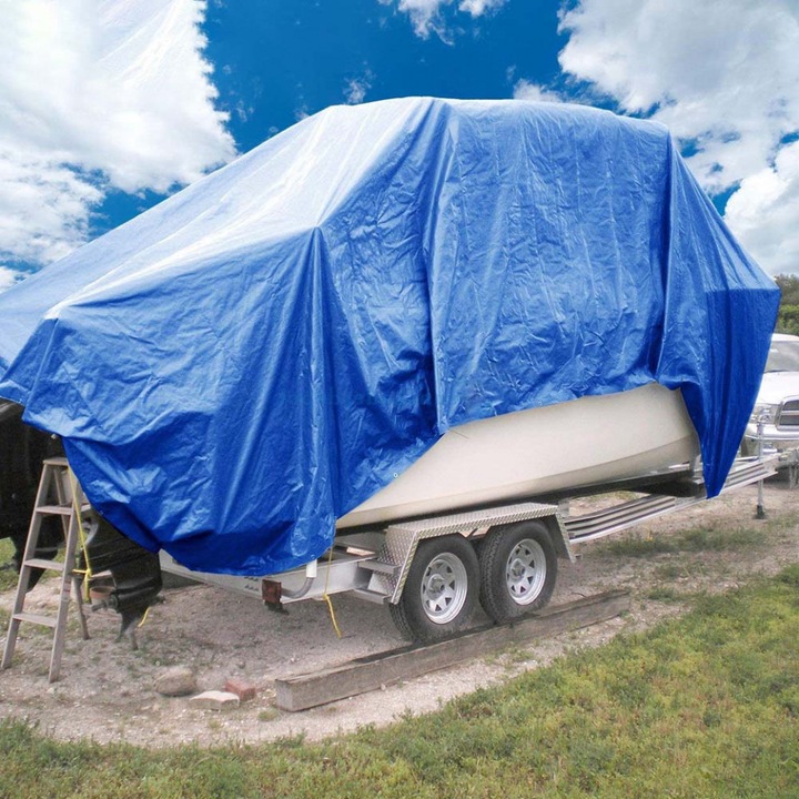 Vízálló ponyva fém lyukakkal, mérete 4,0m x 5,0m, sűrűsége 80g/m2, kék színű