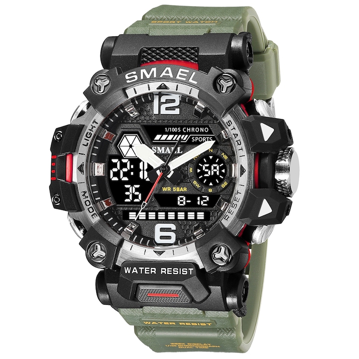 Спортен мъжки часовник Smael Bravery, Двойно време, Хронограф, LED Подсветка, Черен / Зелен
