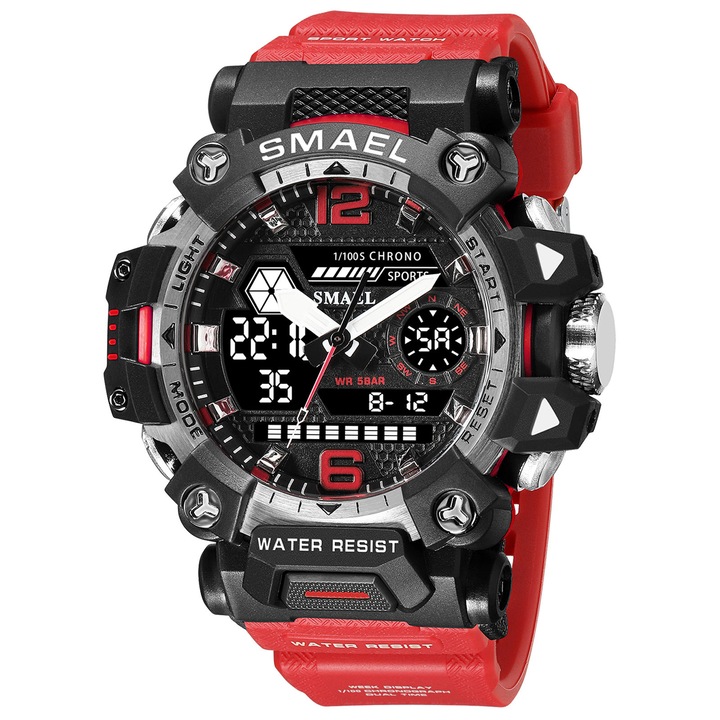Спортен мъжки часовник Smael Bravery, Двойно време, Хронограф, LED Подсветка, Черен / Червен