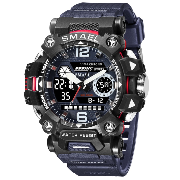 Спортен мъжки часовник Smael Bravery, Двойно време, Хронограф, LED Подсветка, Тъмно син