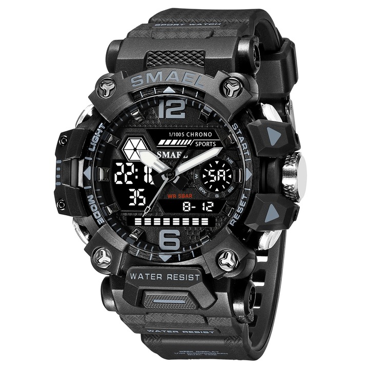 Спортен мъжки часовник Smael Bravery, Двойно време, Хронограф, LED Подсветка, Черен / Черен