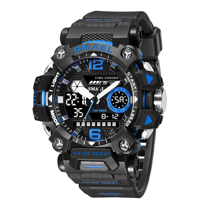Спортен мъжки часовник Smael Bravery, Двойно време, Хронограф, LED Подсветка, Черен / Син