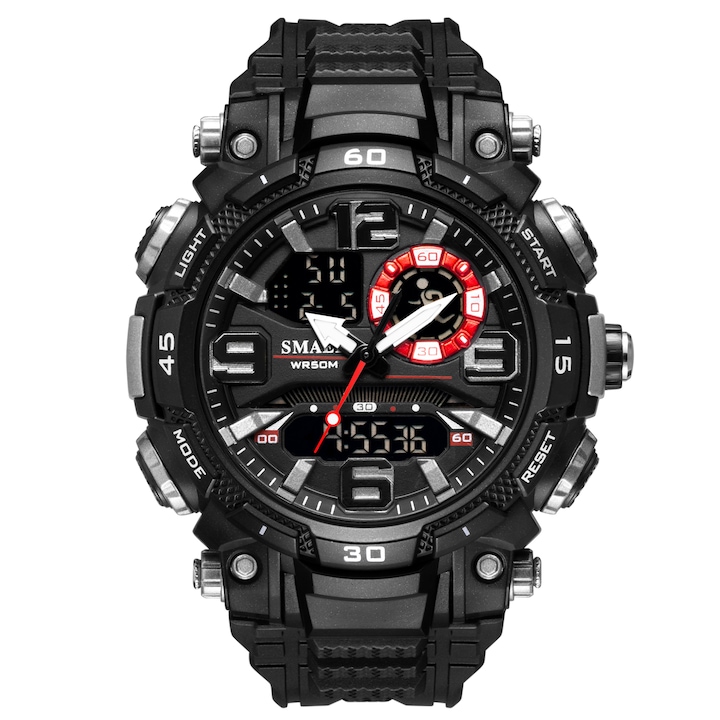 Спортен мъжки часовник Smael Vitality, Двойно време, Хронограф, LED Подсветка, Черен / Черен