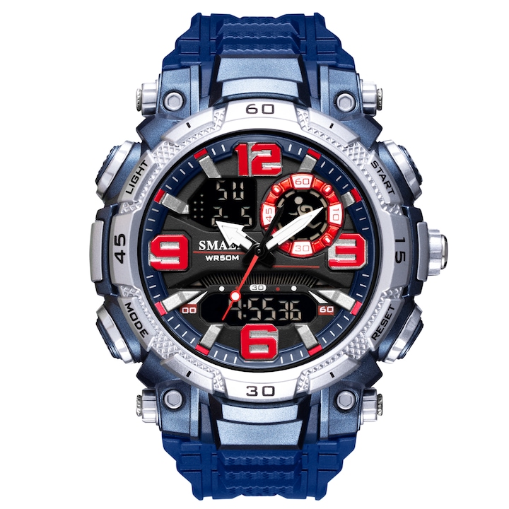 Спортен мъжки часовник Smael Vitality, Двойно време, Хронограф, LED Подсветка, Син / Сребрист