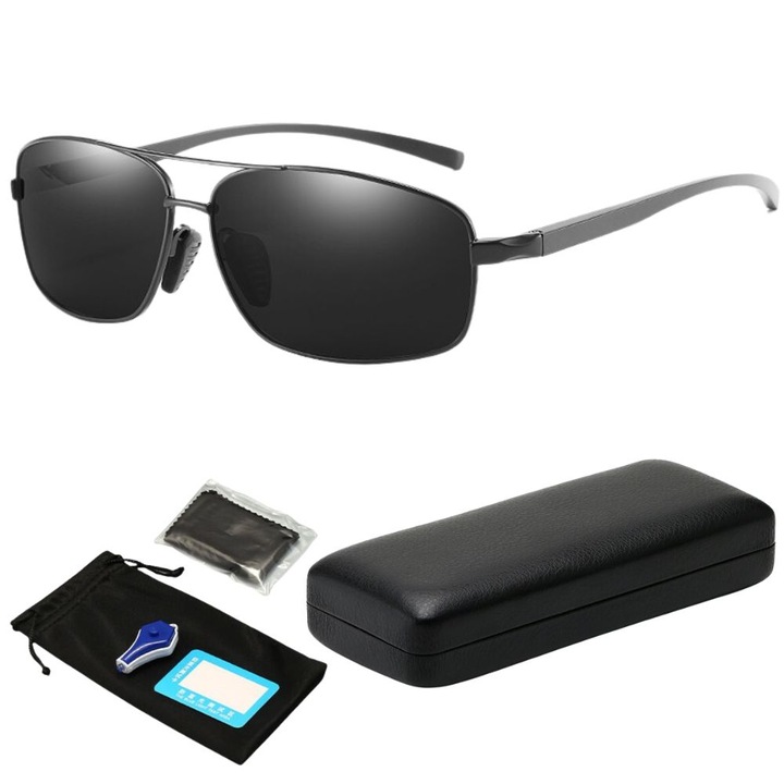 Polarizált napszemüveg, 3. osztály, UV 400 védelem, HD lencse, fém keret, OPRA Tactical, ütésálló tokkal és UV teszttel, fekete