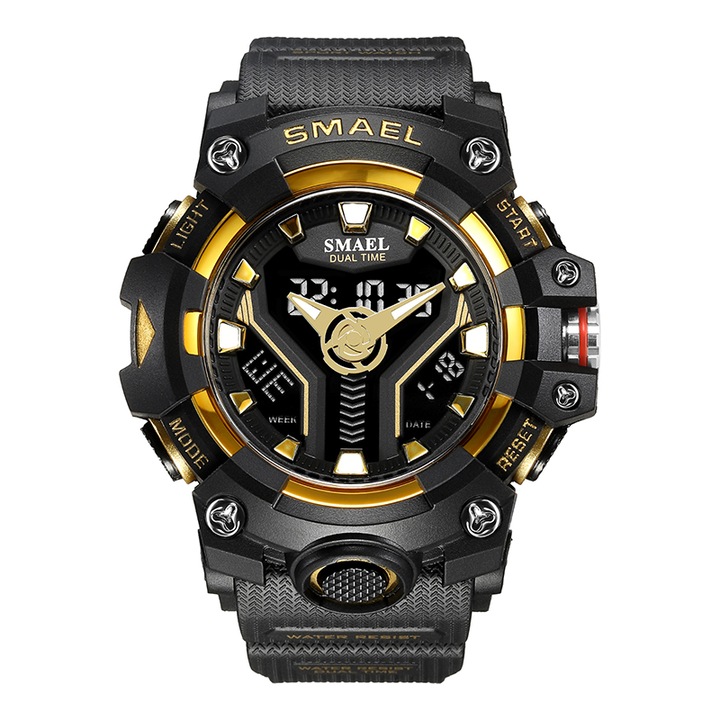 Спортен мъжки часовник Smael Hyper Sport, Двойно време, Хронограф, LED Подсветка, Черен / Златист