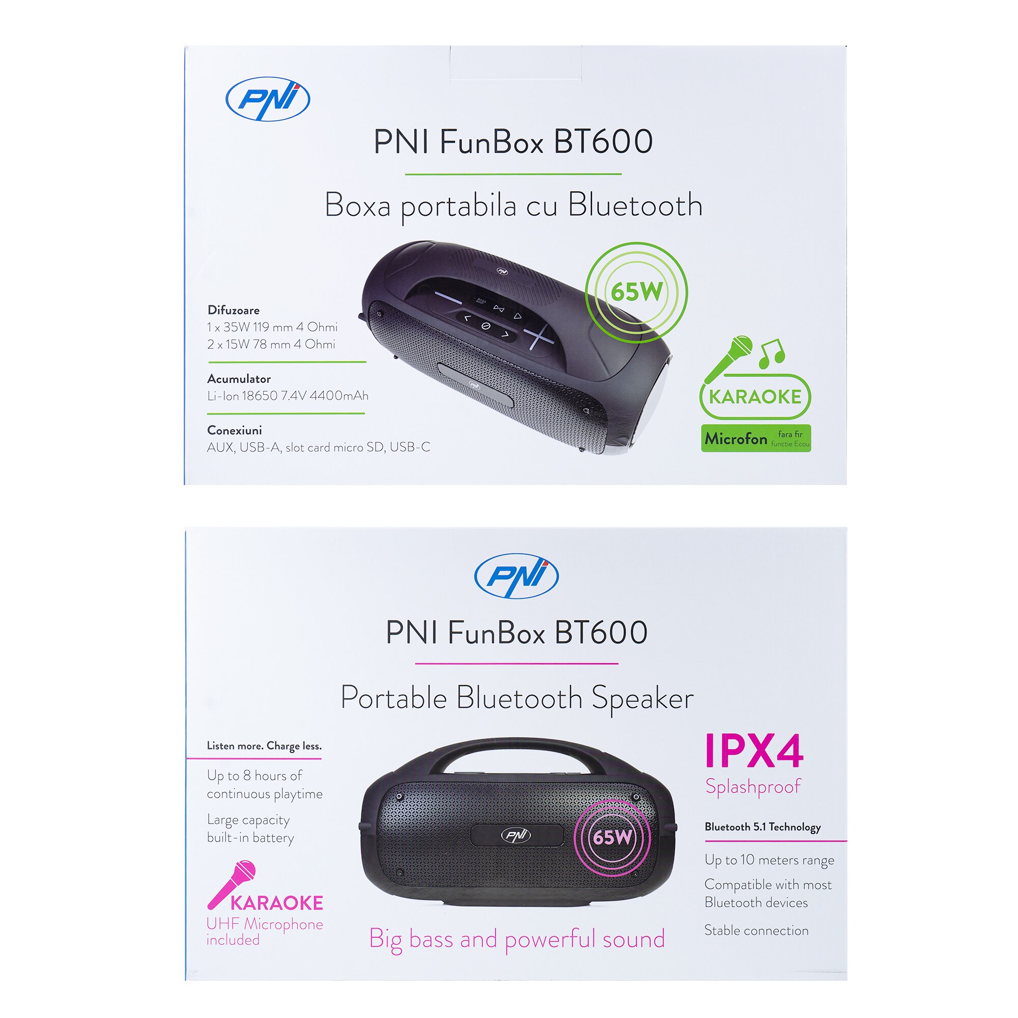 PNI FunBox BT600 Portable Bluetooth Speaker With Stereo Sound Function 65W IPX4 - Pair - Pack Of 2