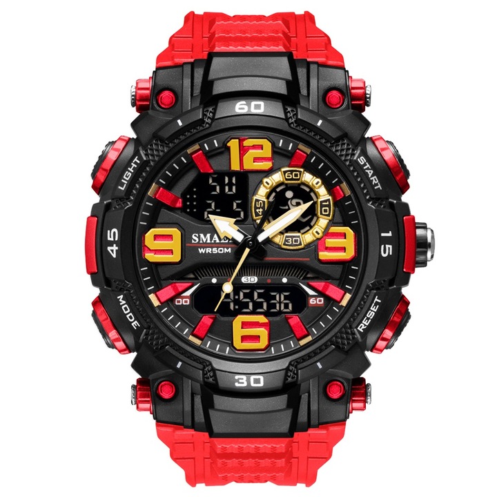 Спортен мъжки часовник Smael Vitality, Двойно време, Хронограф, LED Подсветка, Черен / Червен