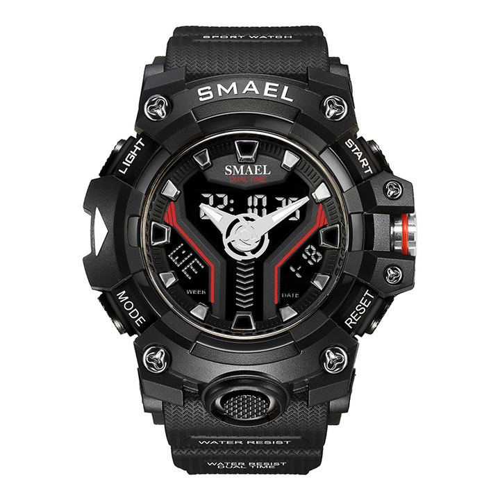 Спортен мъжки часовник Smael Hyper Sport, Двойно време, Хронограф, LED Подсветка, Черен / Черен