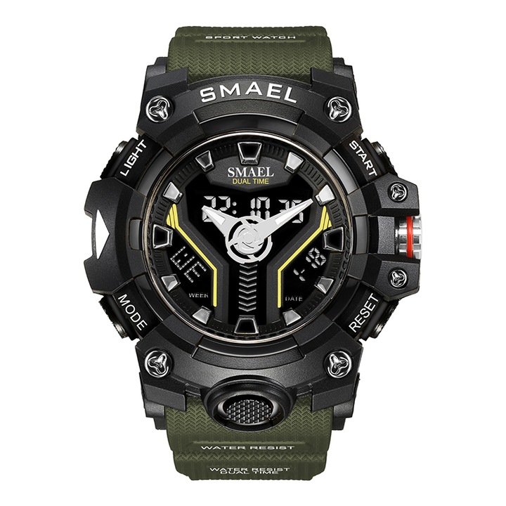 Спортен мъжки часовник Smael Hyper Sport, Двойно време, Хронограф, LED Подсветка, Зелен / Черен
