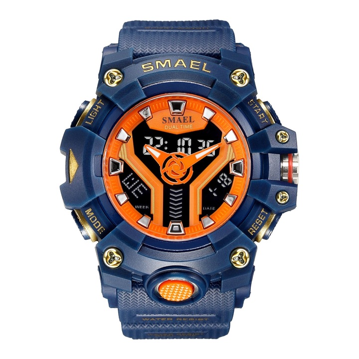 Спортен мъжки часовник Smael Hyper Sport, Двойно време, Хронограф, LED Подсветка, Син / Оранжев