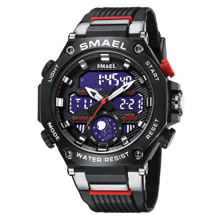 Спортен мъжки часовник Smael Unlimited, Хронограф, Двойно време, LED Подсветка, Черен / Червен