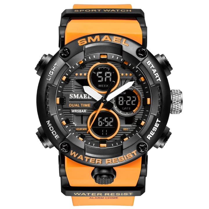 Спортен мъжки часовник Smael G Sport, Хронограф, Двойно време, LED Подсветка, Оранжев / Черен