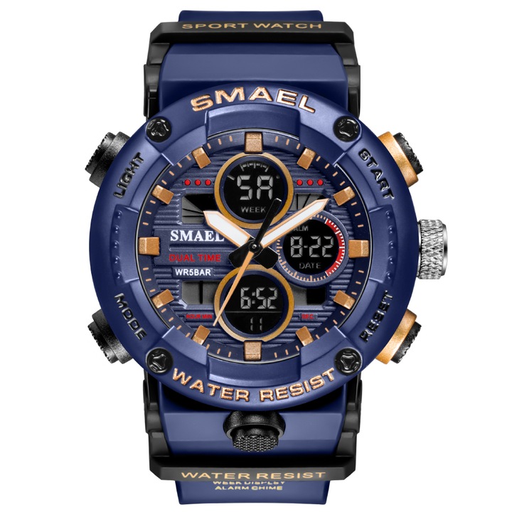 Спортен мъжки часовник Smael G Sport, Хронограф, Двойно време, LED Подсветка, Тъмно Син