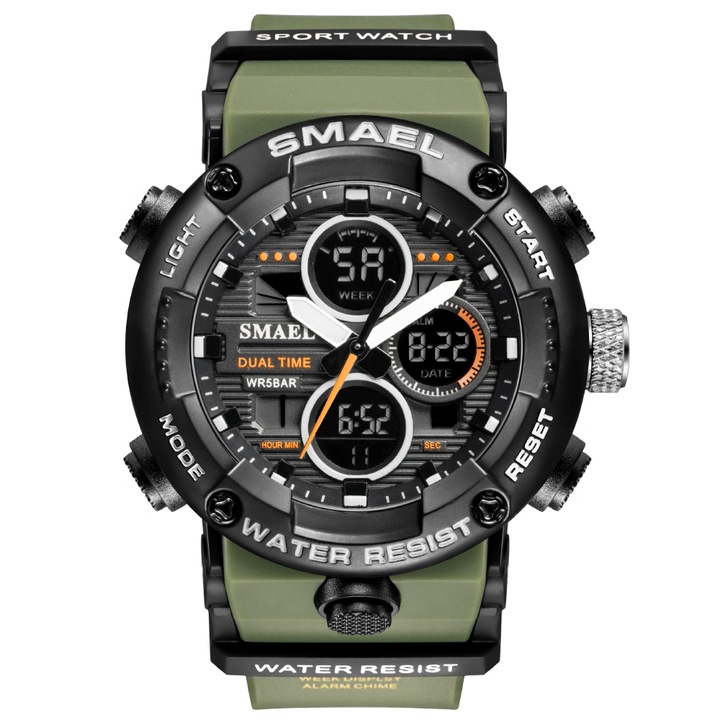 Спортен мъжки часовник Smael G Sport, Хронограф, Двойно време, LED Подсветка, Зелен / Черен