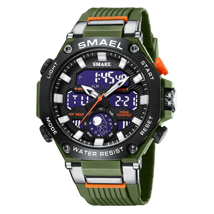 Спортен мъжки часовник Smael Unlimited, Хронограф, Двойно време, LED Подсветка, Зелен / Черен