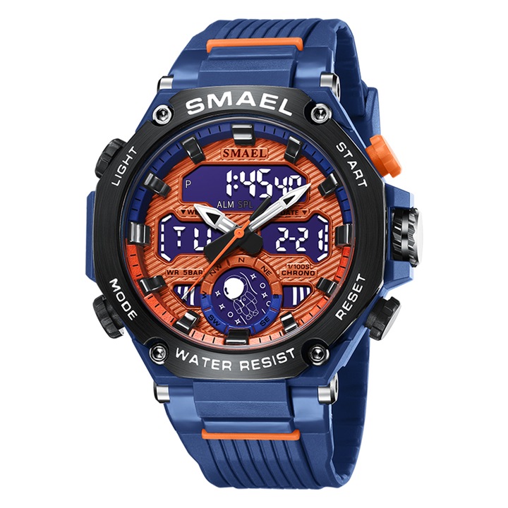 Спортен мъжки часовник Smael Unlimited, Хронограф, Двойно време, LED Подсветка, Син / Оранжев
