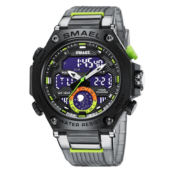Спортен мъжки часовник Smael Unlimited, Хронограф, Двойно време, LED Подсветка, Сив / Черен