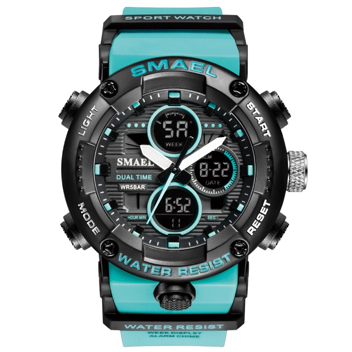 Спортен мъжки часовник Smael G Sport, Хронограф, Двойно време, LED Подсветка, Светло Син