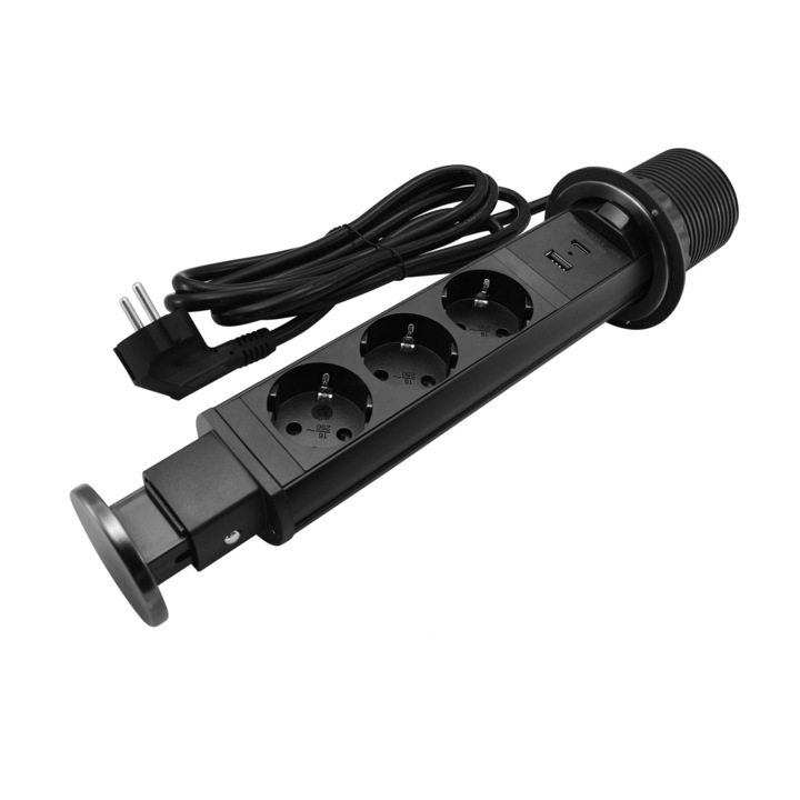 Мебелна колона Pop-Up, С контакти 3 х шуко, 2х USB тип A+C, кабел 2m, Ø60mm, цвят Черен, Commel