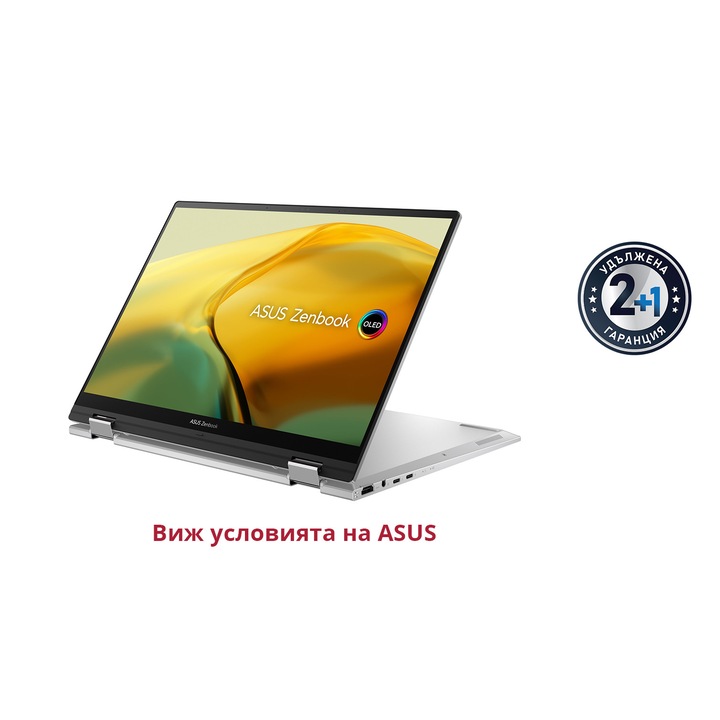 Лаптоп ASUS Zenbook 14 Flip UP3404VA-OLED-KN731X с Intel Core i7-1360P (1.6/5.0GHz, 18M), 16 GB, 1TB M.2 NVMe SSD, Intel Iris Xe Graphics, Windows 11 Pro, Сребрист