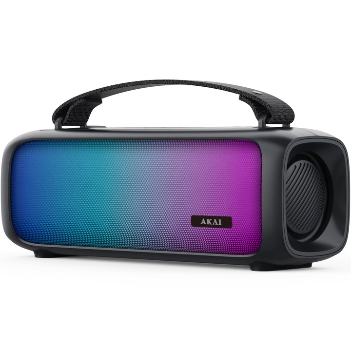 Akai ABTS-08-BK Hordozható hangszóró, 8 W, RGB fények, FM rádió, Bluetooth, fekete