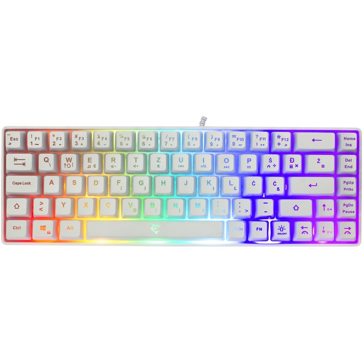 Tastatura Gaming cu fir White Shark RONIN, Tip Compact Carry-On, 19 taste Anti-Ghosting, Taste Iluminate Rainbow LED, Cablu 1.5m, Alb