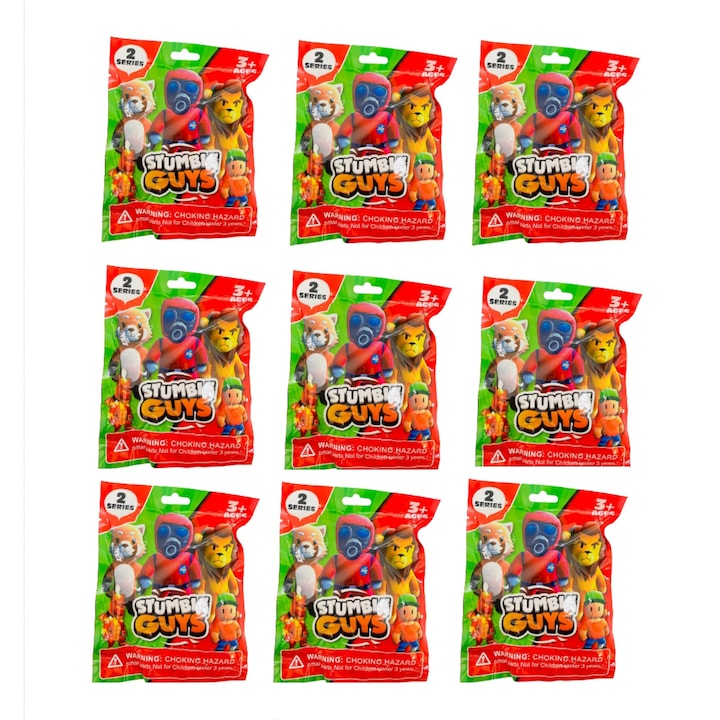 Set 9 plicuri Stumble Guys, cu figurina si cartonase surpriza, Seria 2,7 cm, Mistery Box, Foto Film