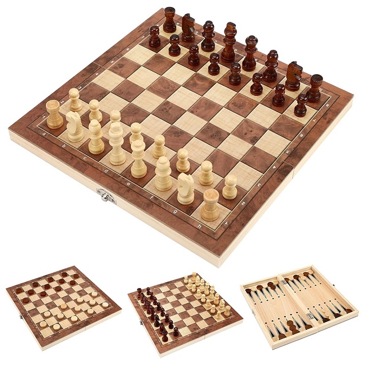 Set de sah 3 in 1 din lemn, BOMSTOM, 24x24 cm, pliabil, joc puzzle, dame, table