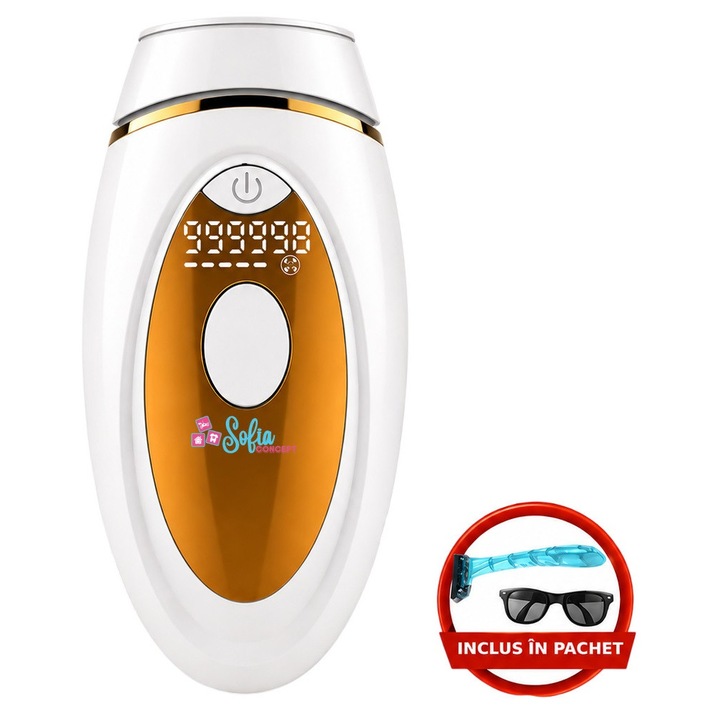 Epilator IPL Sofia CONCEPT® Gold-Pro, 999.999 Pulsatii, Display LCD, Suprafata Lampa 3.5 cm, Epilare Definitiva si Intinerire Piele, 5 viteze, Tub Lumina Quarz, Mod Automat si Manual, Senzor Nuanta Piele, Inclus Ochelari Protectie