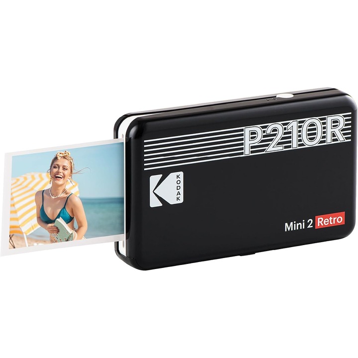 Kodak Mini 2 Retro hordozható fotónyomtató, Bluetooth, 8 lapot tartalmaz, fekete